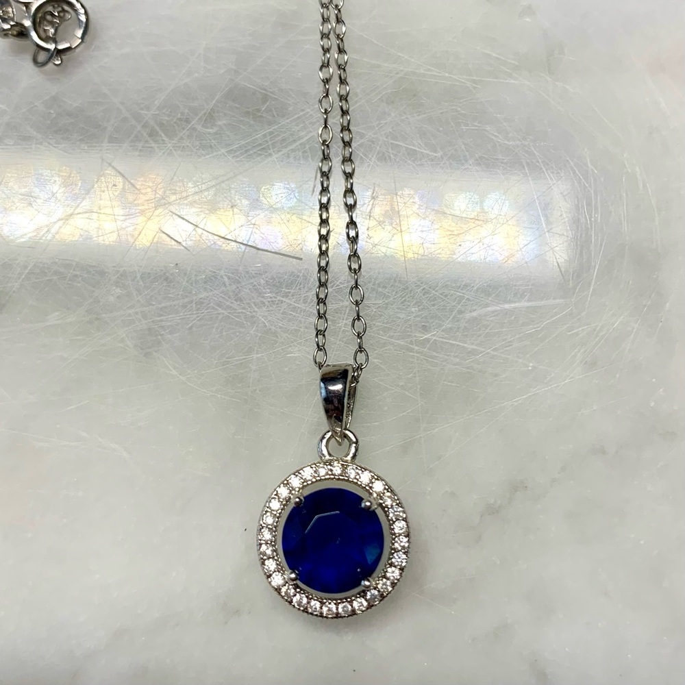 Sterling Silver 925 simulated sapphire Halo Pendant Necklace CZ 18”